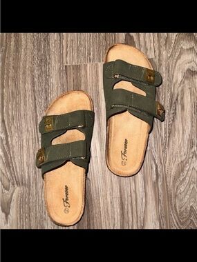 Olive Green Double Buckle Slide Sandals